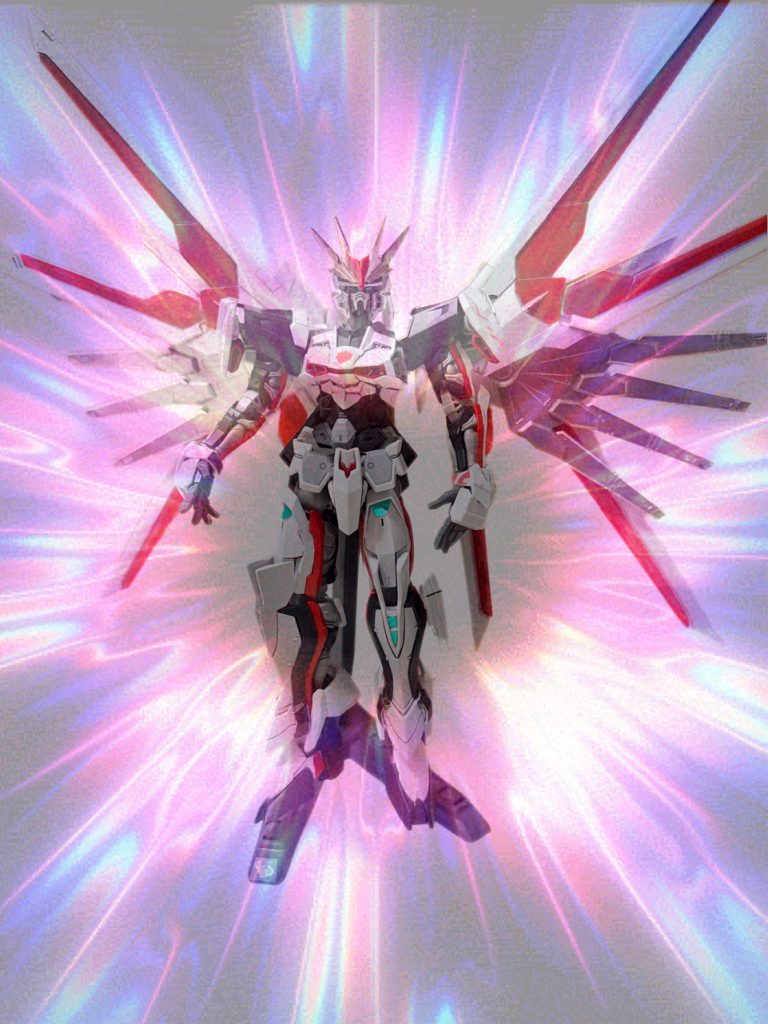 アストレイシリーズ特有の「むき出しのフレーム（人体に近い可動）」を継承しつつ、装甲の白と、フレームのグレー、そして差し色のクリアパーツが非常にスタイリッシュです。特に頭部の形状は、従来のアストレイよりもさらに鋭利で、どこか悪魔的あるいは神々しい印象を与えます。