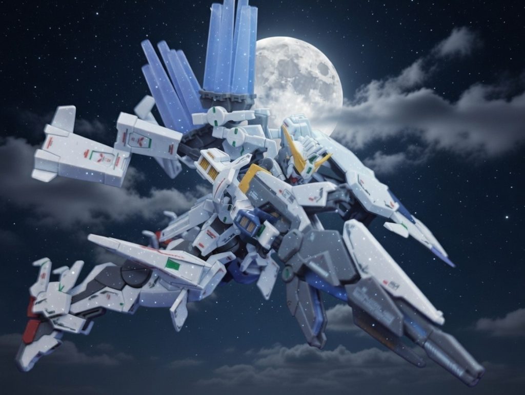 そして月をバックにライフルを構えるポーズフェザーエクステンションが結構神秘的な輝きするので月をバックにするといい感じです