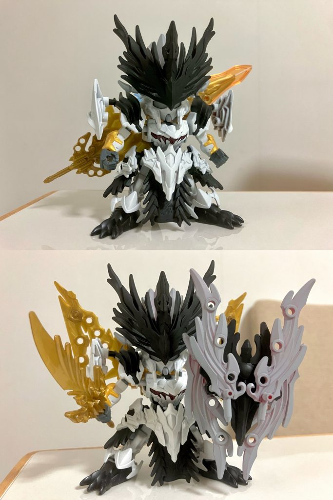 三国創傑伝のゴ・エリア武将キットの武器パーツを贅沢に取り入れましたが、三国志の時代よりも約600年前の御先祖という事で、創傑伝の呉の武将たちは孫武が創始した武器を継承している、という逆転の発想で大義名分をオリジナル設定する事で惜しみなくフル投入させて頂きました。色んなキットから一点集約的に詰め込んで、設定の考案も含めてとても楽しい作業となりました。