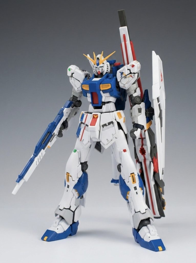 フロントビュー作ってた時は違和感を感じなかったのですが、周りがよく言われてるようにRGのνガンダムは少し小顔なんですね。MGのver.Kaを今仕上げてるところなのでそれと比べると不自然に感じるほどに小顔。もう少し面長でも良かったのにね。バージョンによって肩の分割がよく変わりますがこのff版が1番いいと思いますね