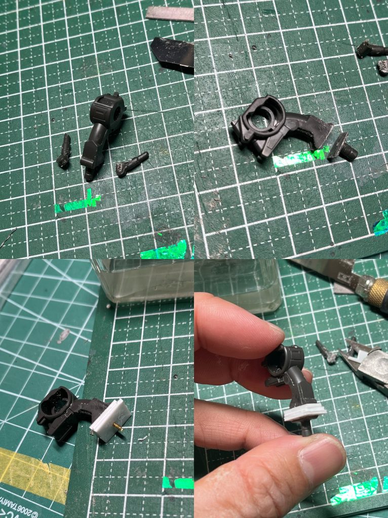 工作・腰で3㎜延長・シリンダーの変更、動力パイプの追加・アームと肩アーマーにブチ穴・ハンドパーツの軸変更簡単な工作のみにて仕上げています