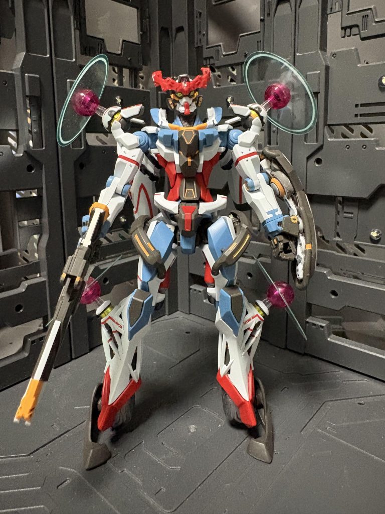 ジークアクスエンディミオン状態今回水性のホワイトサフで部分塗装の下地でジークアクス用の青と黄色と他の水性を使用！