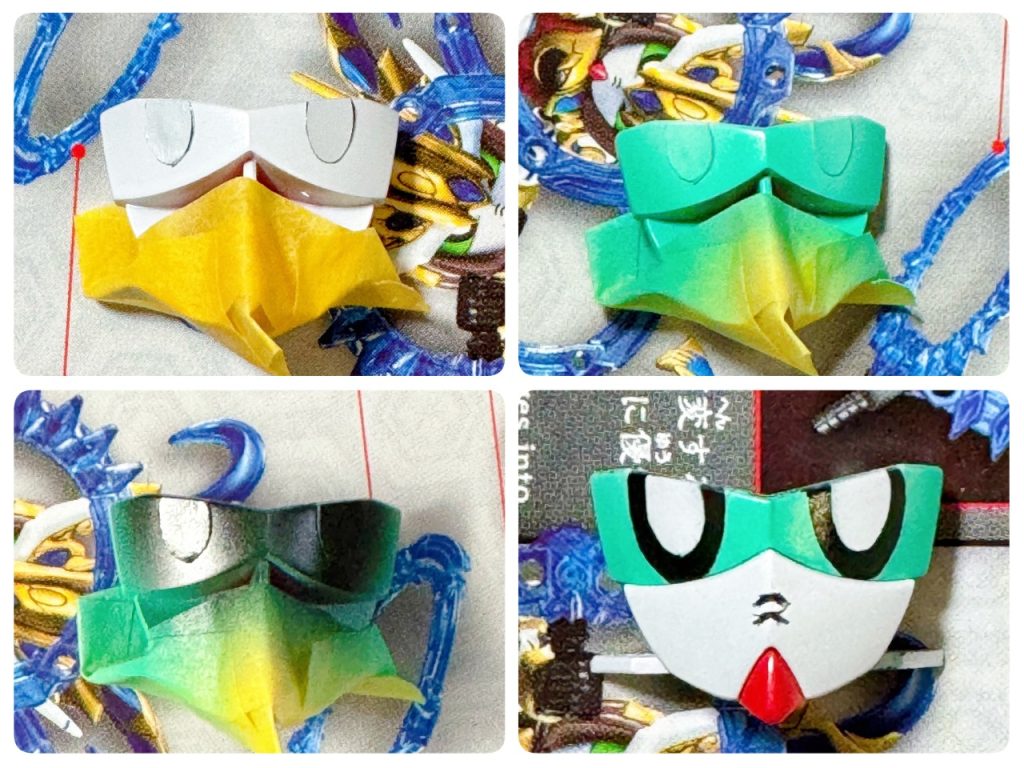 目の塗装は簡単にしたかったので１．白で塗装２．目のシールの白だけ切り出して貼り付け　白目の位置に困る場合は目のシール全体も貼って白以外を取れば位置が合わせやすかったなと今更思う、今日このごろ(zaku-kao5)３．グリーンを塗装（写真じゃわかりにくいですがグラデーションにしてます。）４．エナメル黒を塗装５．黒部分をふき取って整える　黒目を整えるのが難しい場合はシールの黒目部分だけ切り出してマスキング代わりに貼って余分な黒をふき取ればある程度簡単になるーと今更思う今日このごろ(zaku-kao2)ちなみにこの写真撮った時に口のスジボリ失敗していることに気が付いて予備パーツでやり直しています(zaku-kao5)