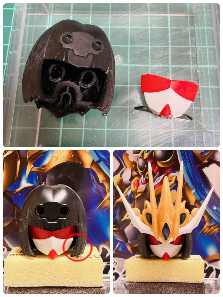 髪パーツが前後に分かれているので合わせ目消したい(zaku-kao1)そのため顔の後ハメ加工をしました。よくあるハの字で切ってフェイスパーツを後ハメ加工、そのままではフェイスパーツが髪に引っかかるので、横髪を「パッワー(zaku-kao2)」で外側に無理やり広げてました(gandam-hand1)zak付けた感じ悪くない(gandam-hand2)ちなみにアンテナと鎧のアンテナも延長シャープ化してます。鎧部分はプラが固すぎて削りにくいので同じランナーではなく白ランナーをつけて加工してます。こっちの方が加工しやすかった。
