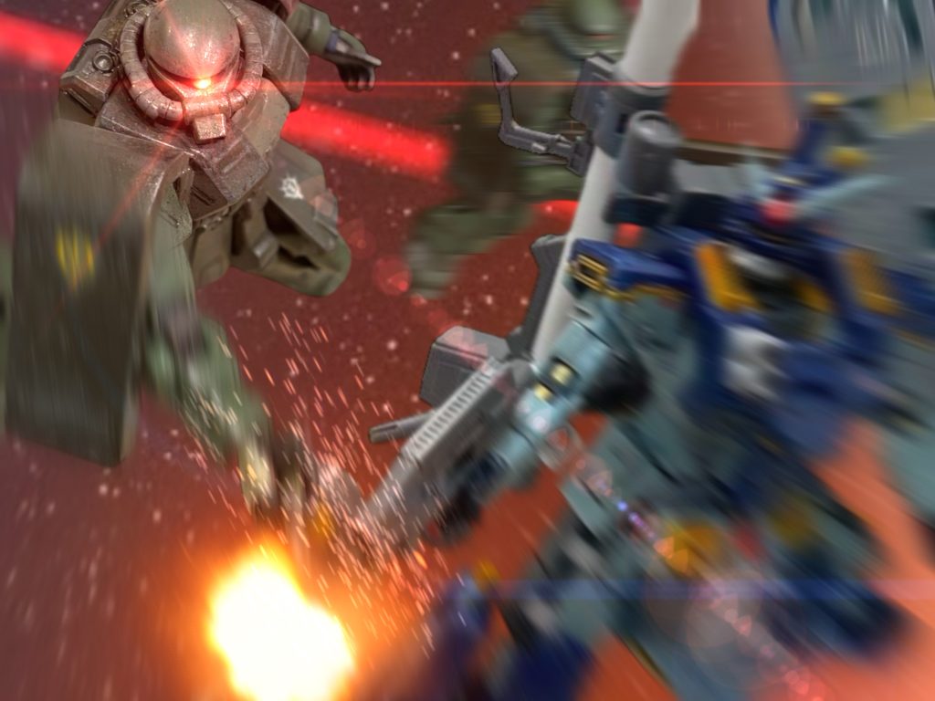 　敵の上下から、イアンとアビーが挟撃をしかける。イアンのザクが、ガンダムのライフルを斬り裂く。（いま——！！）マイロはバズーカでもう一撃を喰らわせようと、押し合う機体を離そうと試みた。そこに、敵の増援が割り込む。仕方なく、再び距離を取る形になった。～～～～～～～～～～～～～～～