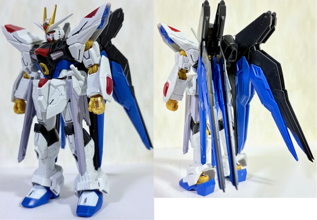 フロントビューとリアビュー。一部墨入れペンとつや消しブラックで塗装。なおこの状態だと後ろのスーパードラグーン機動兵装ウイングの方に重心が行ってしまい直立させるのが難しく、やっとこさ立たせている状態。なので専用スタンドにさして飾る事をおすすめする。