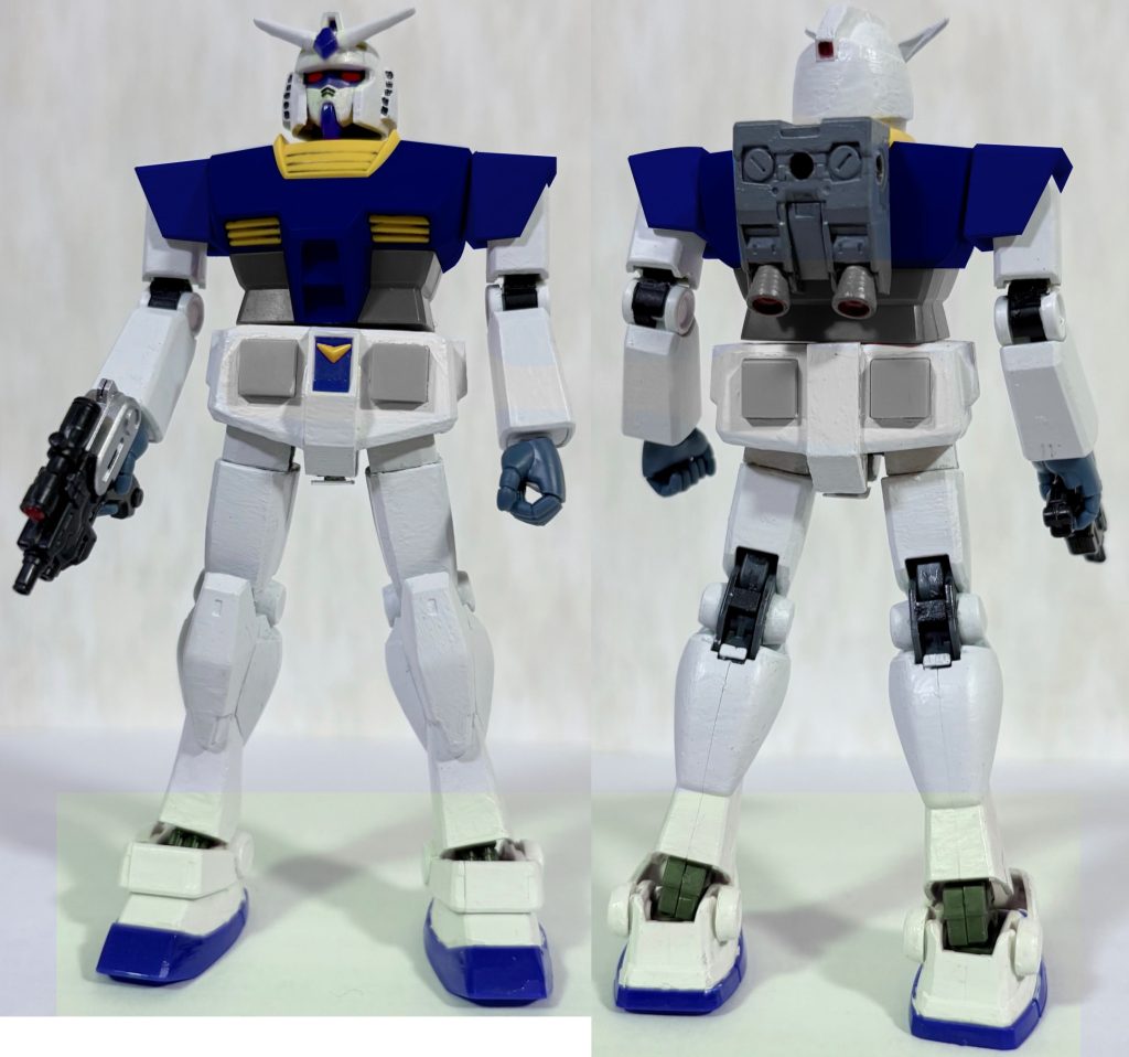 フロントビューとリアビュー。色合いはG3を参考に青をメインとしたカラーリングに、目は赤くしてある。仮面ライダーG3らしくバックパックはシンプルな感じにしてある。フィギュアーツのG3に付属しているGM-01【スコーピオン】が上手いことハンドパーツにフィットしている(gundam-kao2)