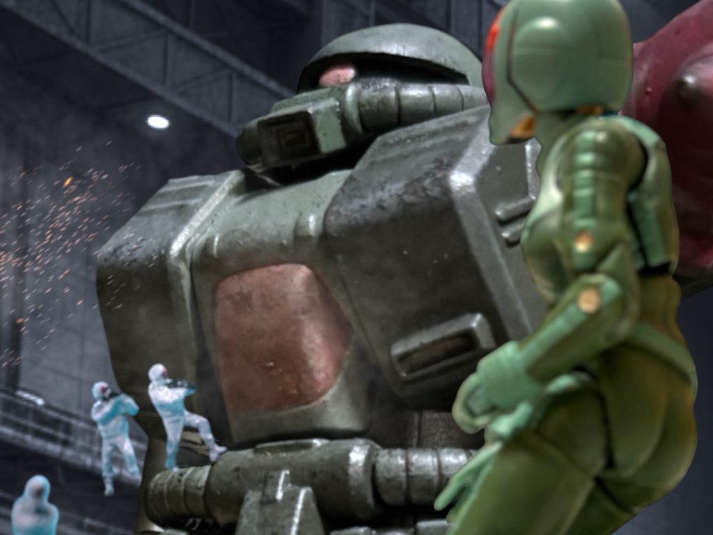 「武装は解除しろ。ザクも潰していい！」　基地に戻った”アビー”——アビゲイル・エイジャー大尉は、声を張り上げてドックを駆け回った。「いいから、破棄しろ。武器らしい武器は、全部外に棄てろ！」「ザンジバルはやられたんでしょう！？」　額から流れる血で、顔を半分濡らした下士官が食って掛かってきた。「ここでも、約束を破られたら……！？」「先に約束を反故にしたのは、こっちだ……。」アビーは、応えて、下唇を噛む。「やられても、仕方のないことをした。せめてこの場は、潔くいく。」ほら、さっさと行って、と、下士官の背中をバシンと叩く。「絶対にハジけるんじゃないよ！？もし向こうが嘘ついて皆殺し、って言うんなら、遠慮なく化けて出れるように準備しとくんだ！正々堂々降伏しろ！いいね！！」～～～～～～～～～～～～～～～