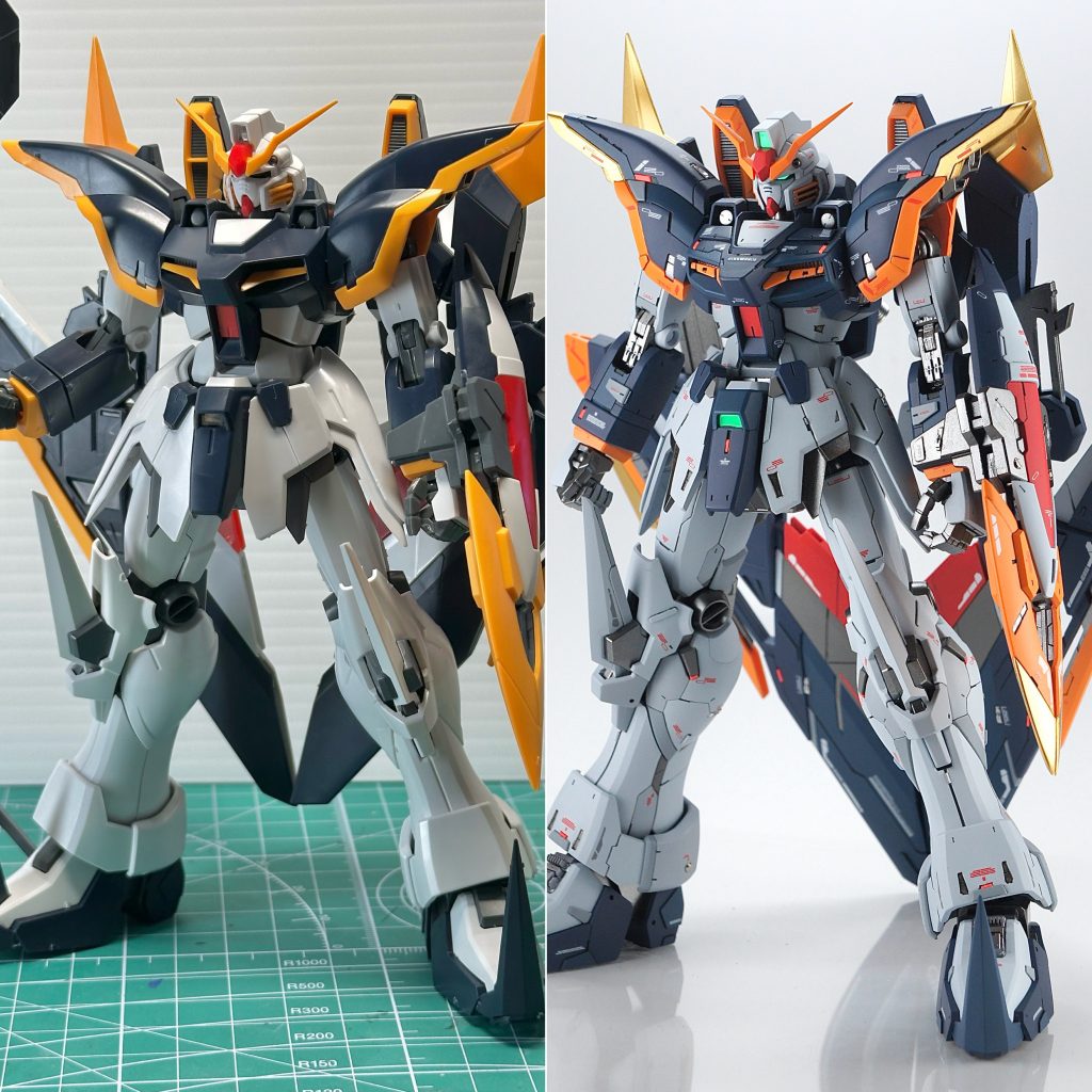 ビフォーアフター。胸がツライチなのをどうにかしたくて、四苦八苦しましたw今回あすぱら模型さんのバーニアとコネクターパーツ、ミカド屋さんのシイタケパーツとディテールパーツを使わせていただきました。