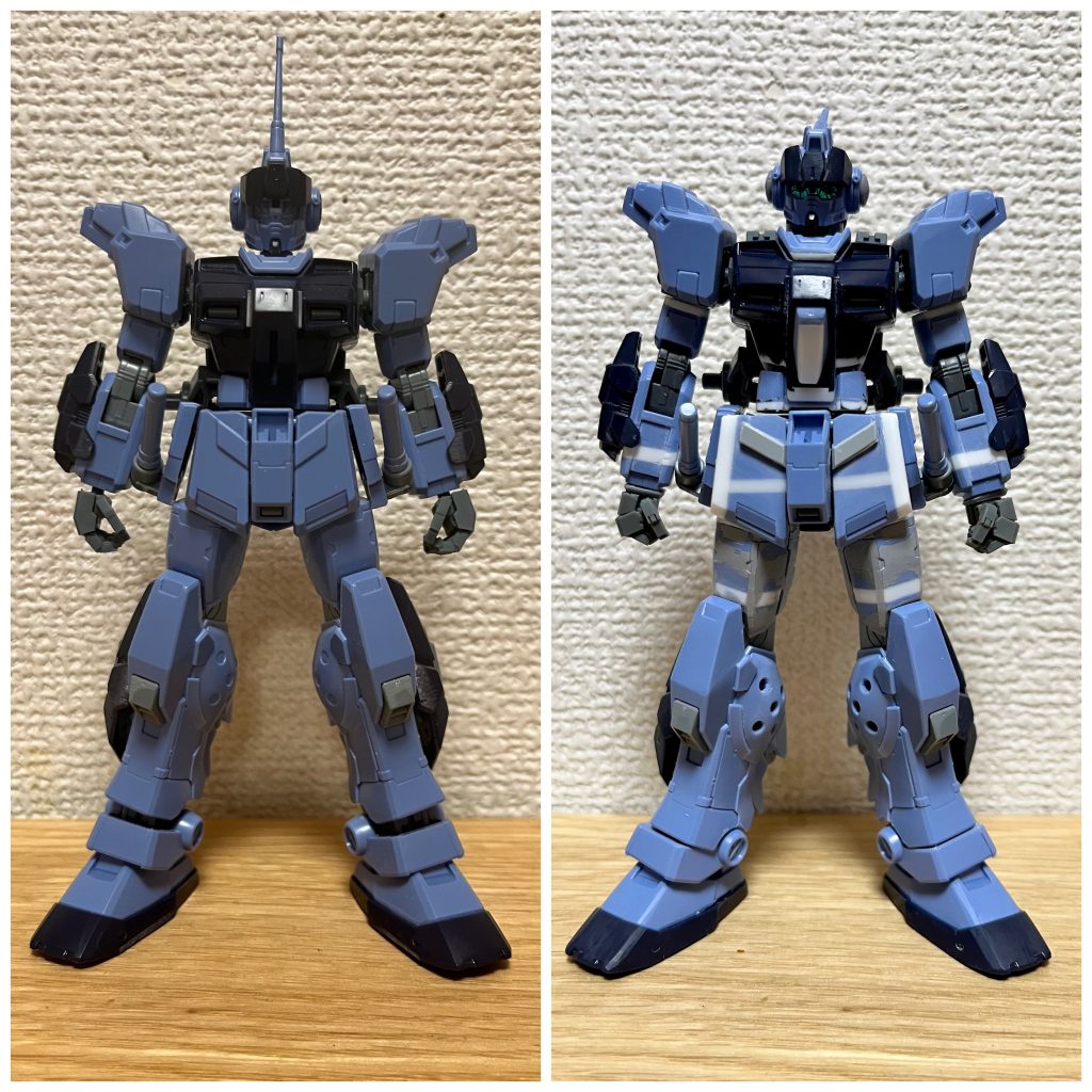 左が素組みで右がスタイル改修後。アンテナを寝かせ、首を太く、襟(1mm底上)、上腕(1.2mm延長)、前腕(2.4mm延長)、ウエスト(2.4mm+α延長)、太もも(2.4mm+α延長)、前アーマー(2.4幅増+2.4延長)、足首(2mm短縮)