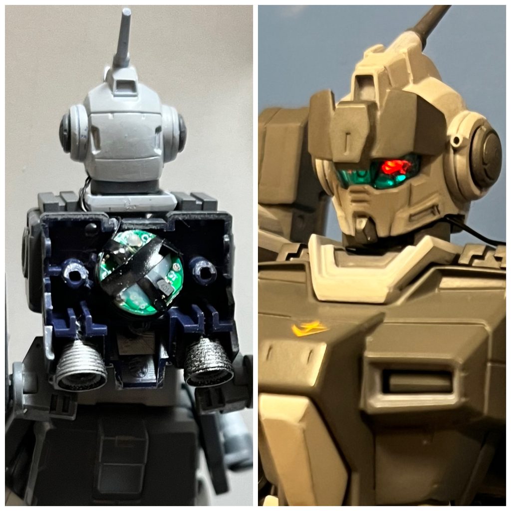 頭部カメラアイはビット・トレード・ワン製の磁石スイッチ付きLEDモジュールを使用。基盤をバックパックに仕込み、リード線を頭部まで誘導し、カメラ部分をくりぬいてLEDをセット。磁石を近づけるだけでツインアイがビコーン(点灯)します 。LEDは1つですが、光拡散フォルムを裏に貼ってます