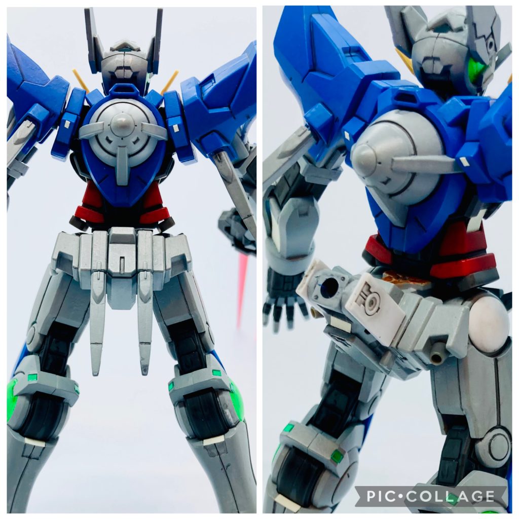 臀部を交換。以前作ったエクシアリペア2の余剰パーツにコトブキヤのジョイントとディテールパーツで後部取り付けパーツ作成。これにメテオポッパーのジョイントパーツとGNメテオシールドを取り付けると‥。