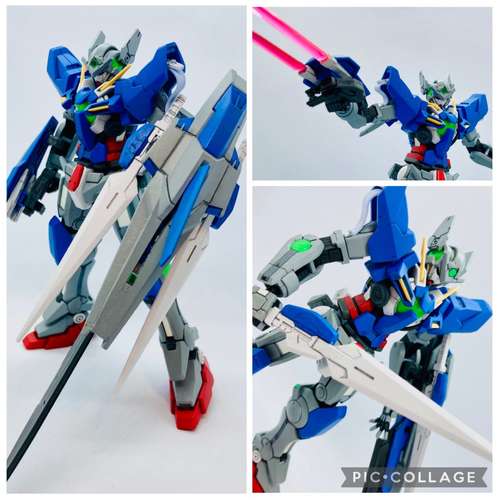 GNメテオシールド。ガンプラオプションパーツのメテオポッパーから流用。GNソードの刀身とGNロングブレイド2本を取り付け。GNソードのライフル部分にGNビームサーベル2本を取り付け。