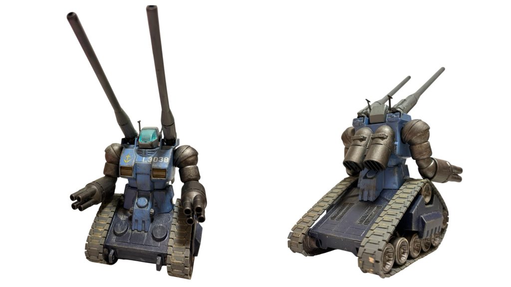 以前、何度かご紹介していますが、我が家のガンタンクはお腹のパーツを一段抜いて、重心を低くしてあります。単座型への改修試験機で、何機か作られ、コアブロックはオミットされているという設定です。