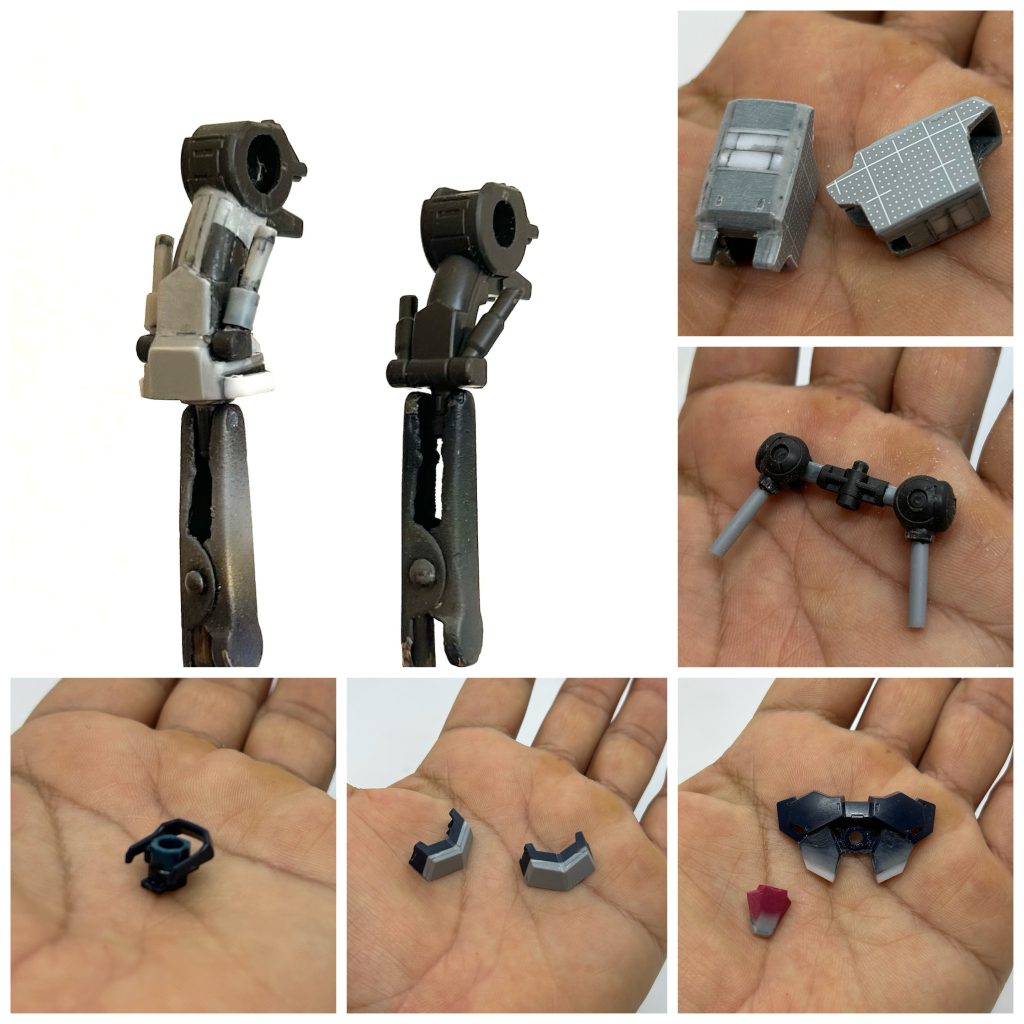 まず最初に腹部を伸ばしました。オルフェンズのキットはみな腹部に装甲がないですよね。上半身(胸)と下半身(腰)を繋いでいるのは剥き出しのフレーム部分。この腹部フレームパーツ部分を伸ばすだけではなく、全体にだいたい1.4142倍くらいに大型化。それにともなってスカスカ感満載になってしまった腹部を補うべく、胸パーツと脇パーツを下方向に2mmほど延長してあります。背筋が伸びたので、首もポリキャップパーツの接続部分で2mm伸ばしました。次に少々短すぎる太腿部をガッツリ延長。8mmほど伸ばしました。これにともない内部のフレームパーツも延長。プロポーション変更は以上。