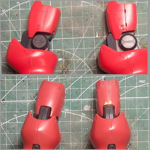 細々した改修をしながらディテールを盛っている設定を見ると太腿が細身だったので、一回りスリム化背面は塩ビパイプを使ってプロペラントタンクを追加したディテールは上半身をあらかた盛り終えたので、今後は下半身に手を入れていく（2枚目）