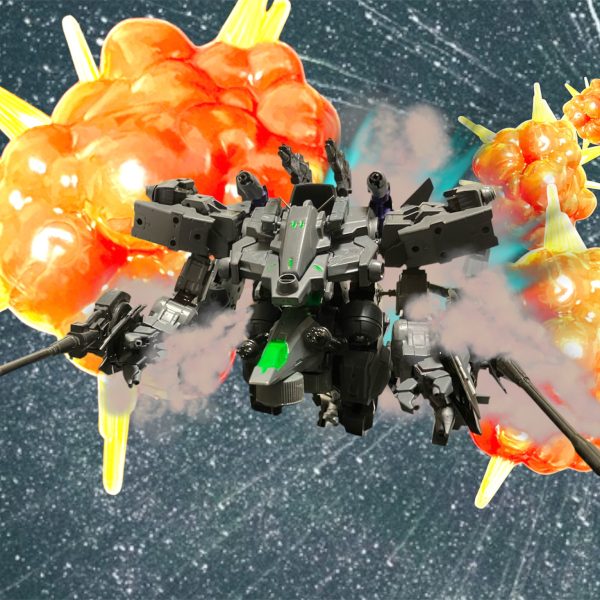 カリュドーン発射。数コンマでフライトフォームに変形、突貫。すれ違うシャルフ・ドーガには巨大な影がすれ違うも反応に遅れる。たった数秒間の空白が彼らの命取りだった。背後に回って素早く変形！3本爪から発せられたビーム刃が斬！斬！！・・・重ねて、斬‼️爆発を背にして変形し、距離を取る。そこへCPから帰還命令。何故ですか？あとひと押し！？・・・・・期待に振り回されて、推進剤の無駄遣いだ。あっけに取られる残敵を背に、フライトフォームで遠ざかる。脅威なれど・・・求められる結果には及ばず。プロに求められるものは遠い。（2枚目）