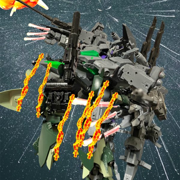 カリュドーン発射。数コンマでフライトフォームに変形、突貫。すれ違うシャルフ・ドーガには巨大な影がすれ違うも反応に遅れる。たった数秒間の空白が彼らの命取りだった。背後に回って素早く変形！3本爪から発せられたビーム刃が斬！斬！！・・・重ねて、斬‼️爆発を背にして変形し、距離を取る。そこへCPから帰還命令。何故ですか？あとひと押し！？・・・・・期待に振り回されて、推進剤の無駄遣いだ。あっけに取られる残敵を背に、フライトフォームで遠ざかる。脅威なれど・・・求められる結果には及ばず。プロに求められるものは遠い。（6枚目）