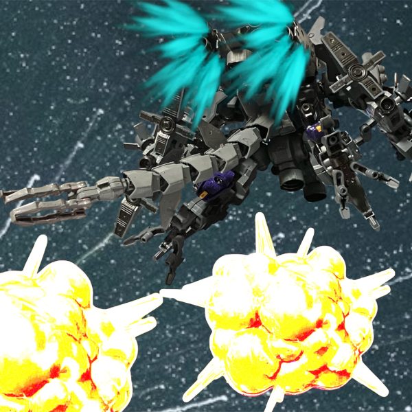 カリュドーン発射。数コンマでフライトフォームに変形、突貫。すれ違うシャルフ・ドーガには巨大な影がすれ違うも反応に遅れる。たった数秒間の空白が彼らの命取りだった。背後に回って素早く変形！3本爪から発せられたビーム刃が斬！斬！！・・・重ねて、斬‼️爆発を背にして変形し、距離を取る。そこへCPから帰還命令。何故ですか？あとひと押し！？・・・・・期待に振り回されて、推進剤の無駄遣いだ。あっけに取られる残敵を背に、フライトフォームで遠ざかる。脅威なれど・・・求められる結果には及ばず。プロに求められるものは遠い。（7枚目）