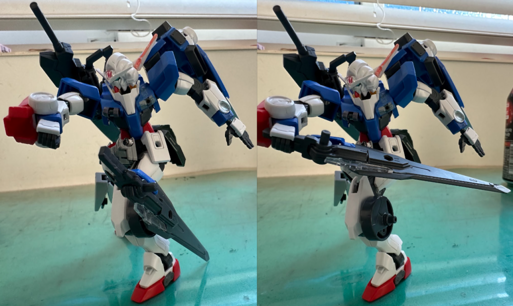 特徴脚部の外にまで飛び出した大型GNコンデンサーに武装を接続することで急速な粒子供給をし、一時的に圧倒的な切れ味や、貫通力を武装に付与することができる。画像内で構えているこの武装はGNソード2改の別バージョンであり、刹那フラッグに搭載される前にフラッグ用とは別にガンダム用として設計された刀身をGNソード2の基部を流用して1つの武器として完成している。下の画像のようにライフルモードあり。