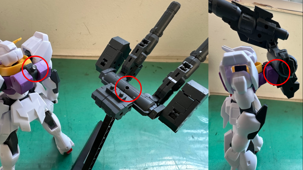 もう見たまんま30mmのヘビーウェポンユニットを上に乗せただけです。接続も右画像の通り背中のスラスター?とヘビーウェポンユニットの筒みたいなところが合わせてみていい感じのバランスのところで、左画像のように穴をあけ、3mm軸をぶっ刺すだけの簡単作業。このあと追加する予定の武装も胸部にハイメガキャノンみたいなやつをつけるだけなので、すごく楽。