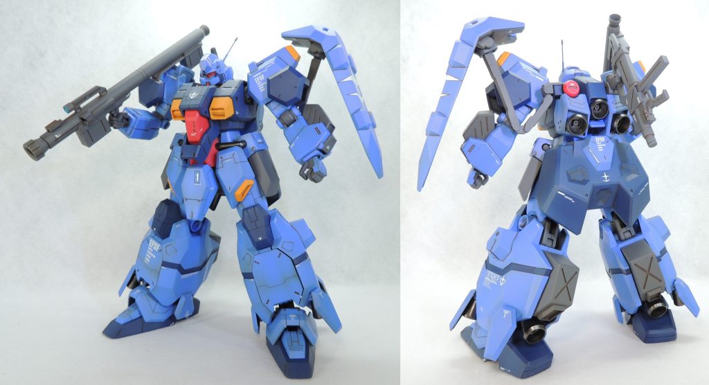 フレキシブル・シールドの中央部分に巨大な地球連邦軍のマークが描かれているため、スジ彫りを行ってからマスキング塗装しています。