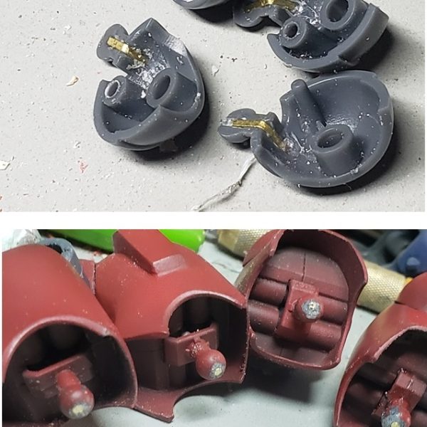 12月にインフルエンザA型に罹ってしまい、解熱後も今日までなんだか調子が悪く遅々として製作が進まない状況でした。&nbsp;【胸部パーツ】ネオジム磁石で着脱式の胸のパーツは調整を重ねてうまくフィットするようになり、差し替えができるようになりました。108、109、ノーマルの3種に差し替えが可能としました。&nbsp;&nbsp;【膝関節パーツ】塗装を進める中で、カタパルトデッキから射出されるポーズが、どうもしっくりと来ない気がして、一から膝の関節の構造を見直すことにしました。当初はこのように、パーツの二重関節を改造してしゃがみ込みポーズを再現する形にしていましたが、二重関節を生かすと、どうしても大腿部と膝パーツの間隔があきすぎて間延びしてしまいます。・・・ですので、思い切って1軸関節に置換えて、よりアニメ劇中のフォルムに近い「ガンキャノンのしゃがみ込み」を再現できるよう大工事を試みました。&nbsp;【補強】尚、リバイブのガンキャノンは、関節パーツに破損しやすい箇所が多々あり肩パーツジョイントと足首ジョイントには真鍮線を埋めこんで破損防止しています。&nbsp;&nbsp;ここから再塗装です。次回は完成状態をご覧いただける予定です。&nbsp;&nbsp;&nbsp;詳細はブログで公開中ですので、ご興味を持たれた方は是非ご覧ください。&nbsp;。・。・。・。・。・。・。・。・。・。・次回作へのモチベーションアップにつながりますので、いいね👍や、コメント、　ブログへのご訪問など、ぜひぜひお待ちしておりますm(__)m&nbsp;&nbsp;&nbsp;（4枚目）