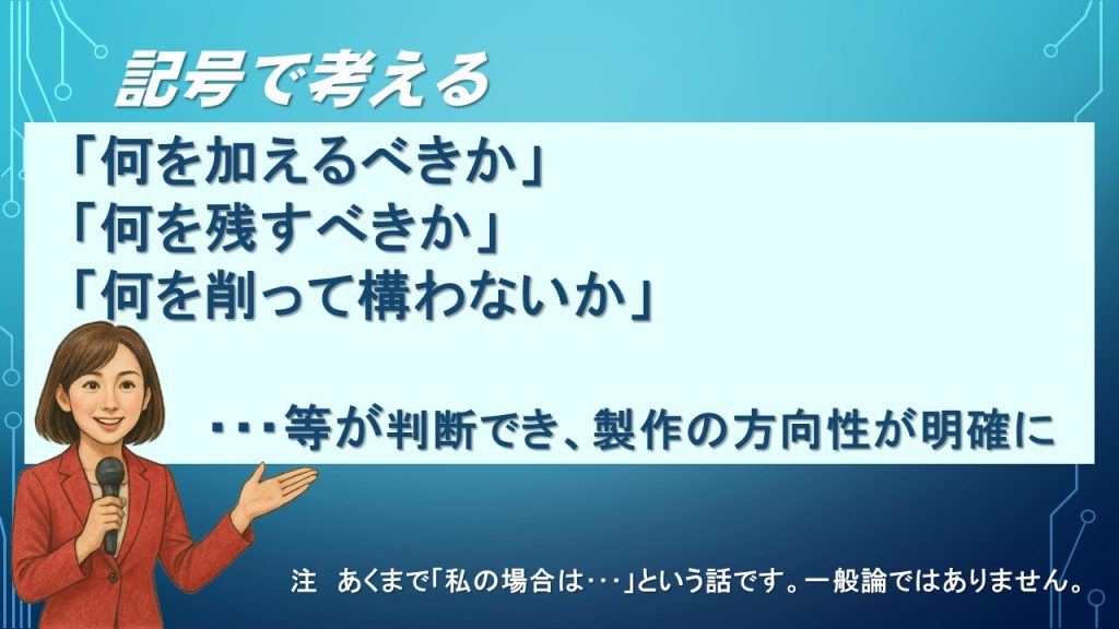 もうひとつは、「意外と機体設定については考えていない」ということです。スラスター総推力とか、ジェネレーター出力とか、ビームの射程距離とか、そういうものについては何も考えていないようです。むしろ大切なのは、その機体の開発経緯とか、開発系統とか、そういった「機体の素性」とでも言うべき物語で、それを想像(妄想?)して設定することが、製作の方向性を明確にしてくれていると感じました。