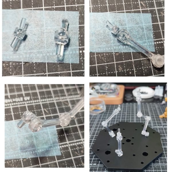 【ガンダムアーティファクト Hi-νガンダム スタンド制作】①モビルスーツアンサンブル(ガシャポン)の付属スタンドを使用。②赤〇のところを削り、2つ合わせ、軸ピンも切って差し込んでスタンドアーム完成。③関節技のボールジョイントミニのクリアを使用。本体に接続側は軸2㎜を、台座側は軸3㎜使用。台座は100均の山田化学のものを使用。穴が3㎜なのでそのまま差し込めます。④ランチャーと本体を1台で飾れます。⑤ランチャー縦構えも補助的に使えます。いつものモビルスーツアンサンブルの余って使い道がないスタンドの再利用です。今回はボールジョイントをクリアにすることによって見栄えがよくなったと思います。(前回までは余ったBJの使用だったので黒でした)(4枚目)