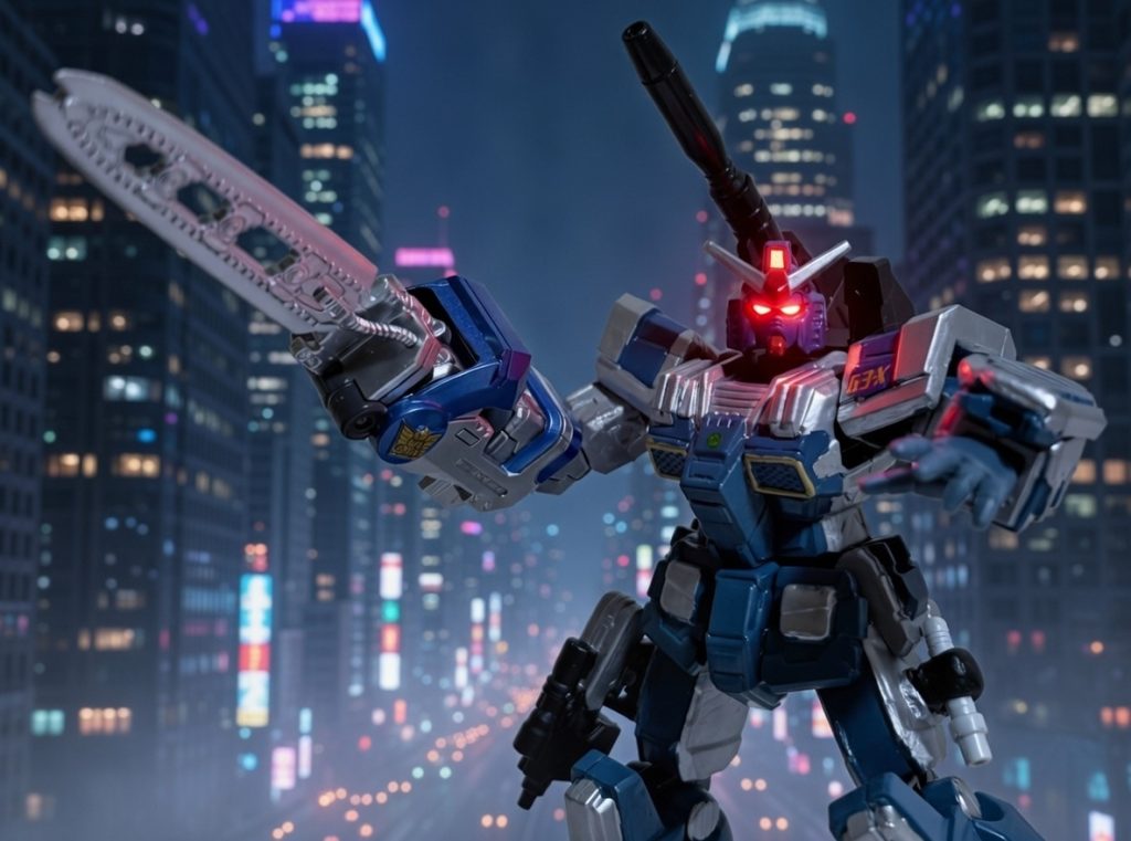 高層ビルをバックに。