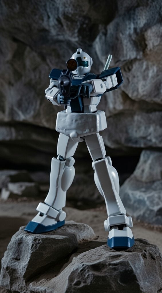 ビームライフルのカット（ロングショット）。ミディアムブルーの機体だとロービジ仕様に見える。