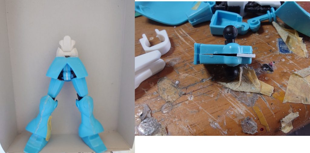 股関節 戦闘フィギュアの股関節を組み込んでいますちょっと隙間が空いてしまったのでプラ板と接着剤で埋めてます胴と腰の接続に戦闘フィギュアのの腹部を幅ましして使ってます