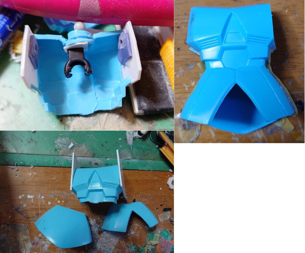 胴体１　お馴染みの改造ですが肩幅を詰めていきますのこぎりでサクサクっと切ります胴体２　更に胴体と胴を切り離しまして肩の部分はプラ板で蓋をします胴体３　内部はこんな感じ　腕はKPSの端材を貼り付けてます