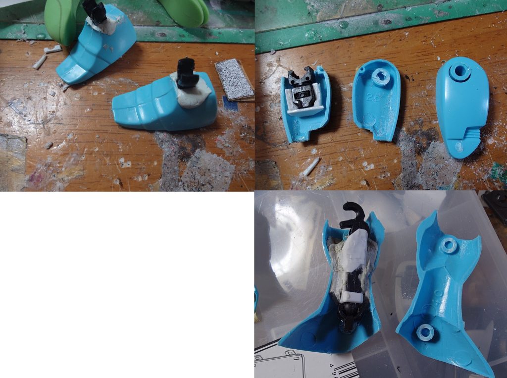 太もも こんな感じで戦闘フィギュアのジョイントを埋め込んでます膝関節はは切り取りました足の中身　戦闘フィギュアの足をパテで組み込んでます足首　戦闘フィギュアのジョイントをパテで埋め込みました