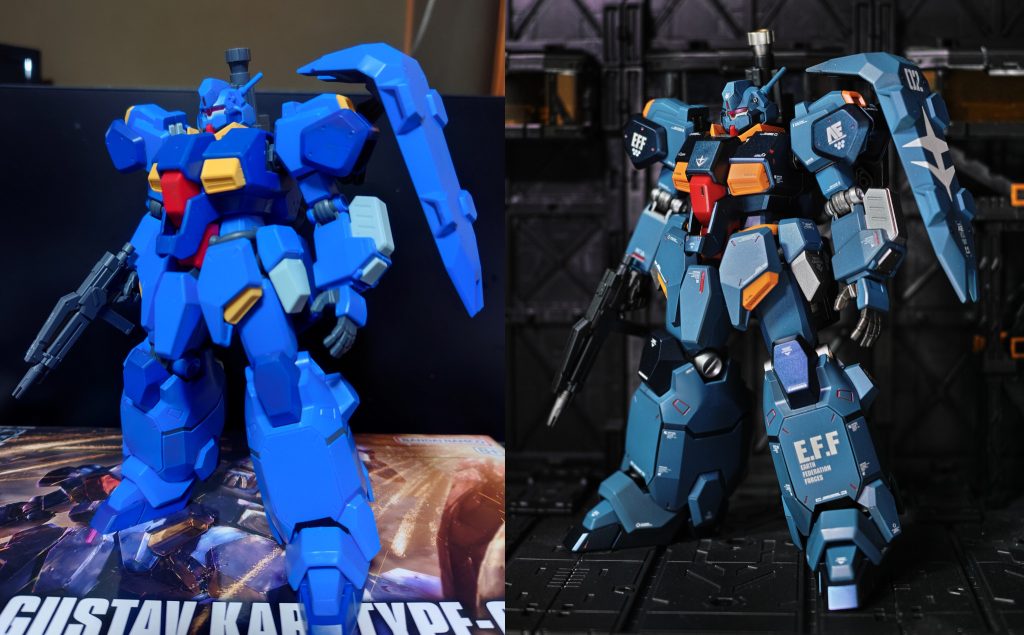 最後に塗装前、塗装後を載せて終わります作って思ったけどやっぱ塗装は大事ですね元のカラー鮮やかすぎる気がするんです。長々と失礼しましたー追記ですが、欠品だったビームサーベル、即対応でバンダイさんが送ってくれましたでも使ってないんだな、これが!