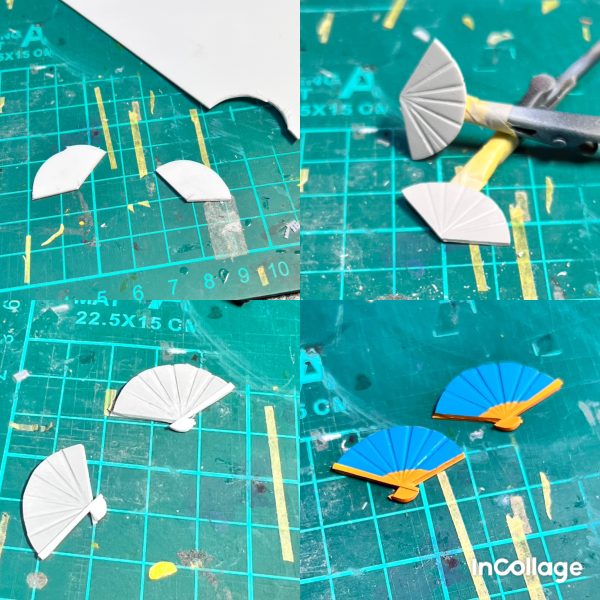 作品「この素晴らしい世界に祝福を」のキャラクター、水の女神アクアをモチーフにしたガンプラの製作進捗状況です！1.本体の塗装を一部変更。二の腕と太ももを肌色に塗りました。2.アクアが使用する宴会芸小道具の扇子を作りました。水柱をセットすれば花鳥風月〜⭐︎が再現出来ます。3.シュワシュワ瓶とビアジョッキを作りました。後はアクアがたまに持ち出す先端に蕾の付いた杖を作れば完成です。ご覧頂きありがとうございました🙇‍♂️&nbsp;（5枚目）