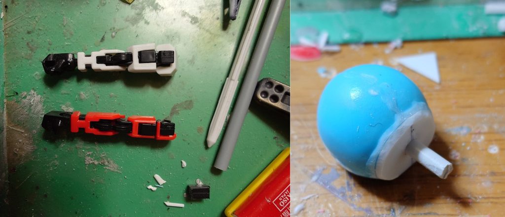 肩 胴との接続側に1ミリプラ板を貼り付け３ミリ軸で接続できるように腕 戦闘フィギュアの腕をそのまま使います、小改造として二の腕を１ミリほど幅まししてます