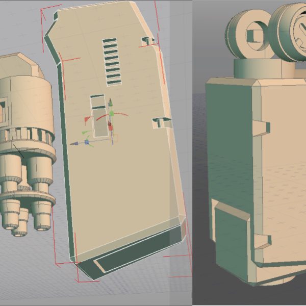ガトリングレイアウト検討この辺で止めます…。高さを微増し、全体の長さを抑えました。微妙ですね。その心は？。・高さ微増：シールドコネクタ強度UPの為厚みを0.5mm増。・全体の長さ削減：カバーのみ全長削減。砲機構部延長…隠しても仕方がないので、もう一個の機構、腕スラスト回転による劇中射撃姿勢の再現(腕の上にガトリングを載せて肘を曲げたアレ)。肘を曲げる為には二重関節と下碗の捻り180度旋回+曲げストローク若干が必須なため。…かなりタイトだが、一応トライします。あと、カバー内側上部(ガトリング後端)に弾倉用格納スペース表現追加。整備用の玉掛用フックなど今回はこの時点で追加。(他機種も仕上げシリーズが始まったらチマチマ追加します。重心バランスによりカバー上部/ガトリング部に偏ってるのは必定…)。後でカバー内部にスカート裏みたいなディテールも入れます。この後はバックパックに行って、テストプリントへ進みます。バテて来た…(笑)。（2枚目）
