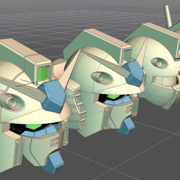 昨今のデザイナーさんの中には、ロボットの顔に執着しない方も多いようで(カトキ先生も昔、意識して無かった旨の記事を拝見したような…)、量産型LOVE衆の増加もあってなんとも古いヒーロー世代には寂しさもあったりなかったり。ガンダムの中でも御大のデザインそのもの派もいらっしゃれば、安彦顔派の方も居られる。何を隠そう(隠せてないけど)お爺は安彦顔が好みです。ver.kaにおいても、安彦風の優しい顔が基本でしたね。昨今のνガンダムがイカツイのは多分元デザインのせいかな？。前にも書きましたが、オラオラ睨むタイプにはヘラヘラ笑い煽る癖があるのですが(^^;)、無表情で無双する人が身近にいた経験から、後者の方が生物的危機感を感じます(笑)。そんなお爺が偏ったRGガンダム愛7年の大半を掛けて落し処としたのが当方作品の物。アレックスも基本これを使います。何処から見ても破綻しないことを目指してここに至りました。(写真一番左)この中にも二次元のウソがてんこ盛りで、失敗の山で人間が一人フルサイズで出力できるぐらいのトライアンドエラーをして三次元にしました。どうなんだろう…といいつつ、ディテールは置いておいて、腕へ進もうかな。&nbsp;（2枚目）