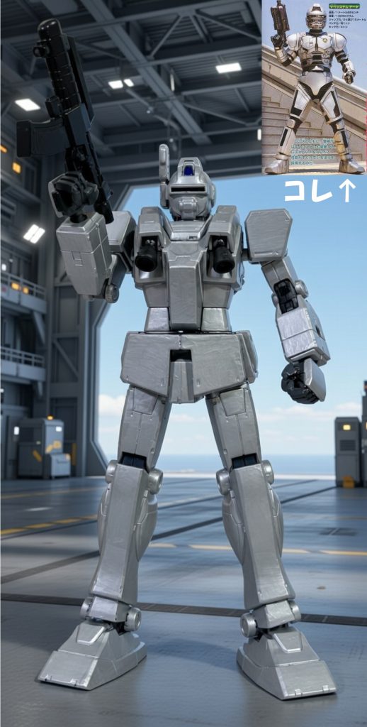 参考用に元ネタとキットの比較。なぜこれだけ仮面ライダーらしくないフォルムかというと元々廃棄予定だった複数のメタルヒーローのスーツを流用して作られたから。なお小生の作ったキットの方はビームスプレーガンとバックパックはオリジンGMから流用した。