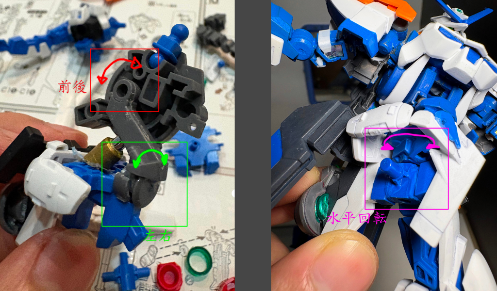 胴体。その油圧ロッドはただ飾りだけ。あのぴかぴかのポールはRGガンダムエクシアのGNブレイドのプラモランナー（メッキランナーは便利！）。改造後、胴体の X、Y、Z 軸に沿った可動範囲が拡大しました。