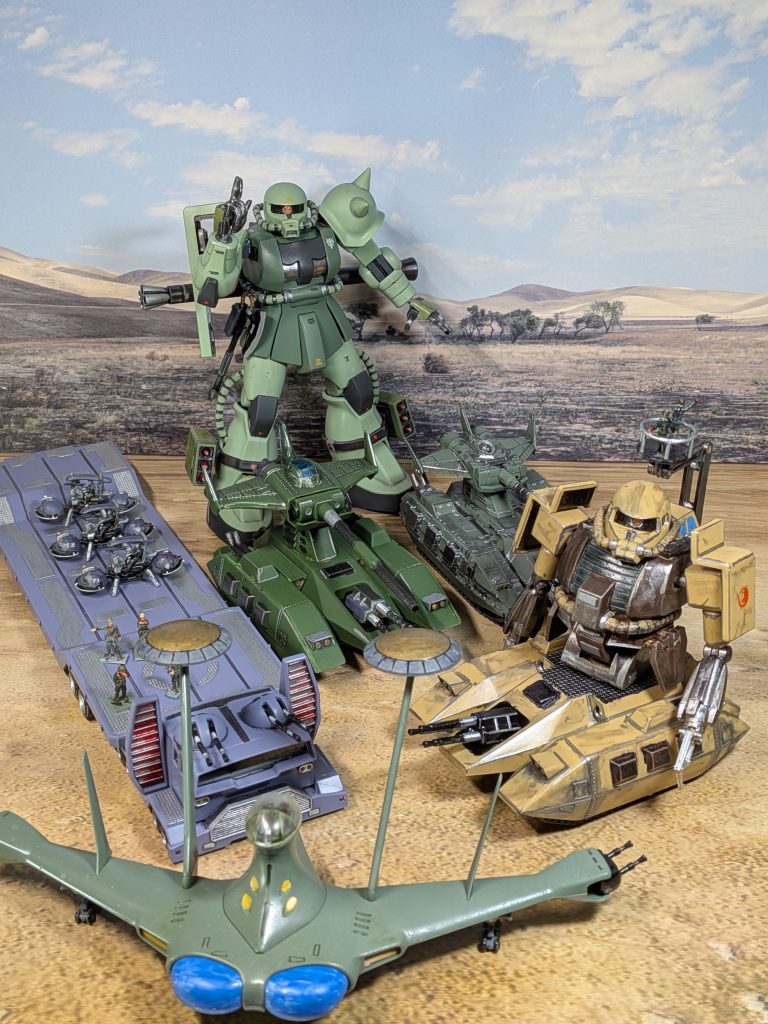 使ったキット旧キット　ザクタンクHGUC　ザク地上戦セットEXモデル　サムソントレーラーEXモデル　ジオン軍メカセットよりルッグン旧キット　マゼラ・アタックEXモデル　マゼラ・アタック