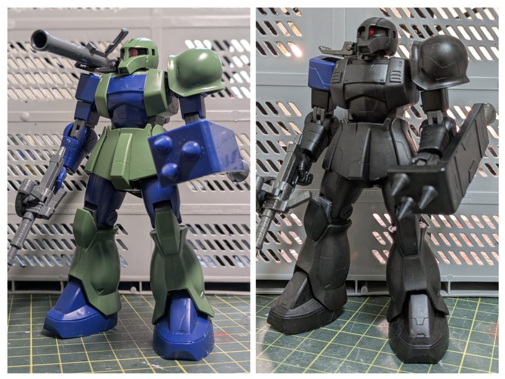 黒サフを筆塗りしました。右肩を塗っていないのは、サフの有り無しでどのくらい差が出るのか見たかったからで、塗り忘れではありません。😁多少のスジボリとディティールアップを行いました。(zaku-kao5) ②単色重ね塗り