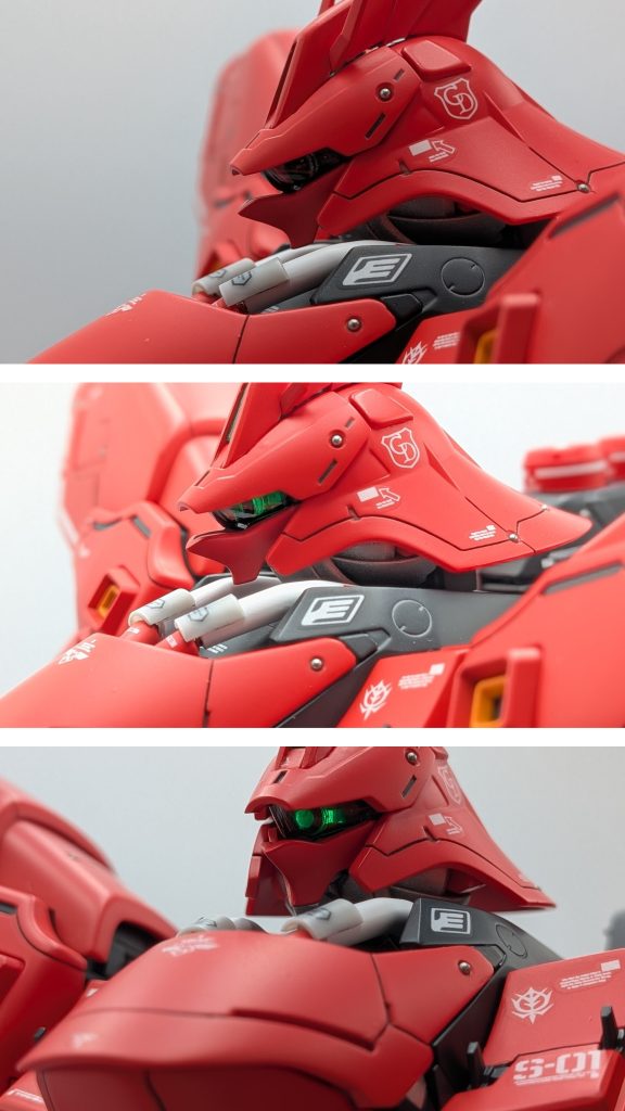 フェイス部分のクリアーパーツはクリアーブラックで塗装し、モノアイはハイキューパーツとHアイズを使用しました下の2枚がLEDを点灯した状態です