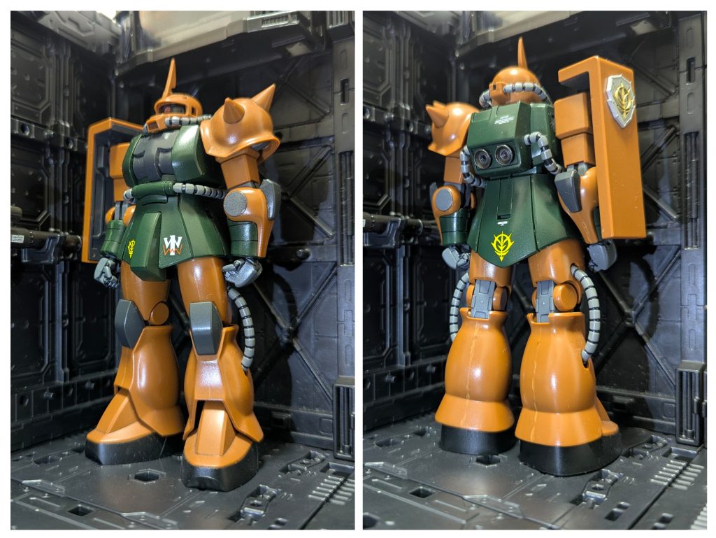 前後ショット今回も小加工・部分塗装で仕上げてます。モノアイはHアイズ埋め込み。ランドセルにバーニア追加。シールドにレリーフ調パーツを貼り付け。手首も交換しました。&nbsp;接着跡がけっこう目立ちますね…(汗)