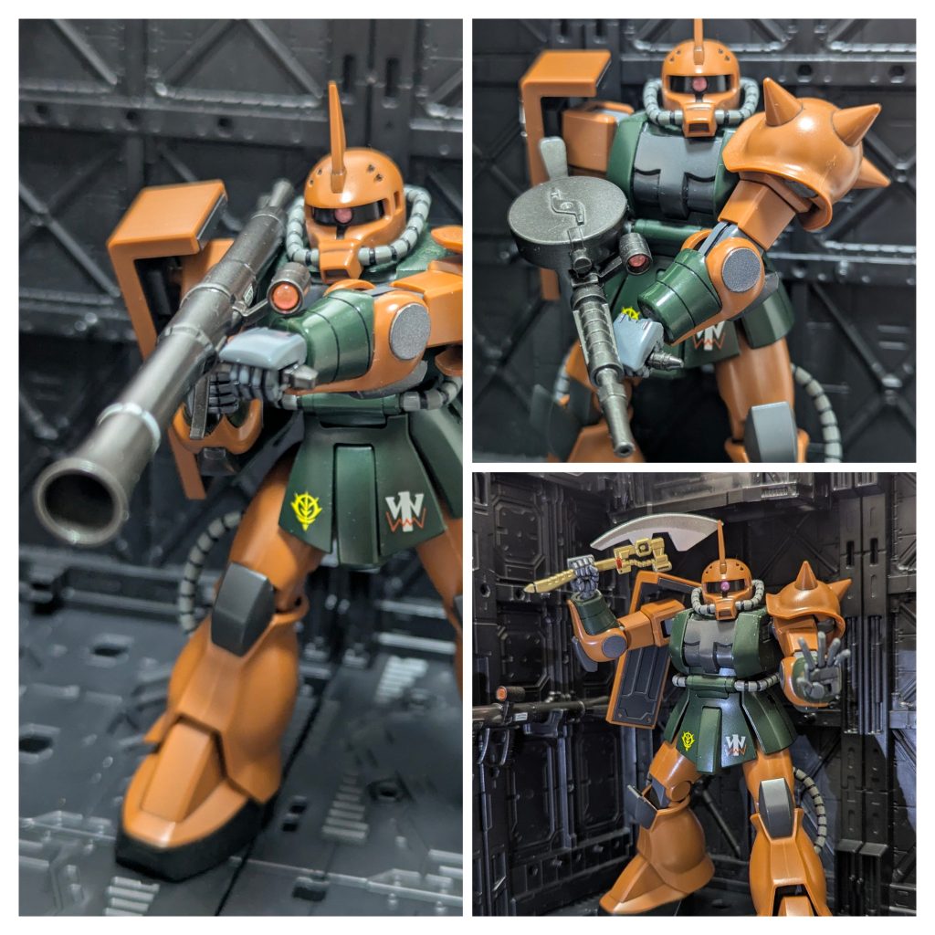 武装類武装は全塗装です。マシンガンの弾倉はアフターパーツで大型化。サイトスコープはHアイズ埋め込み。一般機より大型化されたヒートホークは…派手ですね(笑)