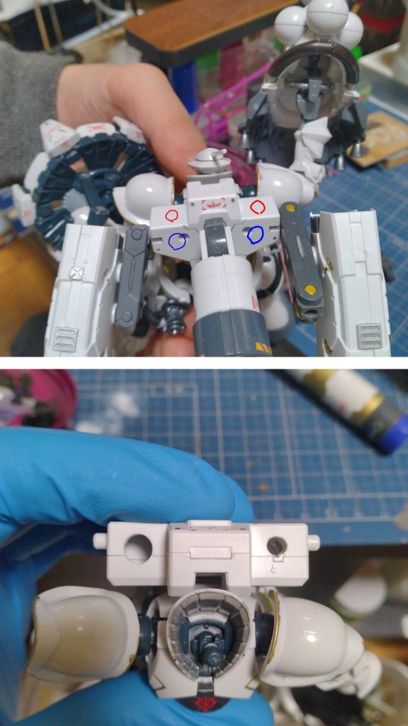 赤丸、青丸箇所を3mmピンバイスで開口してリューターでMGSDガンダムウイングEWの翼を接続できるまで地道に削りました