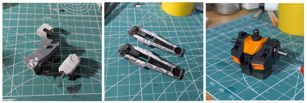 改修点・設定画に比べ明らかに脚が短いので膝下3mm、腿2mm延長・肩アーマー裏の肉抜きが酷かったのでパテにて穴埋め・アーマーに頭が埋もれる状態だったので首パーツを適当なジャンクパーツに交換し1mm延長