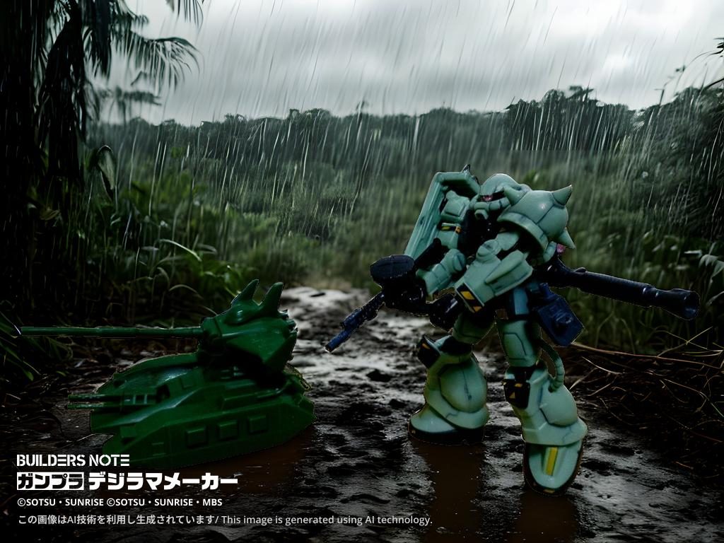 一方テン達一行は悪路の熱帯雨林の中国境を目指し陸路を進んでいた。テン「たく、コウのやつ急に慌ててどうしたんだ。。。にしても鬱蒼としてて如何にもなジャングルだなぁ、そこら中に難民が潜んでてテロや紛争も止まない。地上に降り立ってみても宇宙と何ら変わらないな。。。」テンの思う通りこの地域ではジオンが降り立つ前から地域的なテロや紛争が絶えず行われていた。ジオンが降り立った後も地域自体は中立の立場に有り、ジオン、連邦の両軍が各村々の取り合いをし合う状況となっている。北米をジオンに奪われた連邦は尚更躍起になり村々を襲っていた。悲しいかな両軍共に虐殺、略奪行為が横行している状況だ。ガサッ、バキバキ、メキメキッ、、、突如木々が大きな音を立てMSが現れた!!