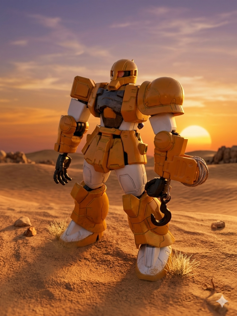 うちのジェミニが似合いそうな背景を構築してくれました(*^▽^*)/ｗ久し振りのフレーム以外全塗装、前回投稿が前後半のブンドドで若干疲れたのでシールやデカール類迄は至らずです。。。^^;ベース無しの橙寄りの黄色がメインです、もう一層、二層塗れば下地出無かったと思うんですが。。。そもそも軍払下げで民間へだったり、軍内でも壊れたザクⅠを改修して使ってたなら下地が多少出ててもそれ感が有るのではと、、、開き直りですｗｗｗ胸部分は焼鉄色、各所白い部分はガンダムホワイト、全て水性ホビーカラー筆塗りです。ウィンチは山田化学さんの物に廃材のピアノ線でそれっぽく作って付けて見ました!!